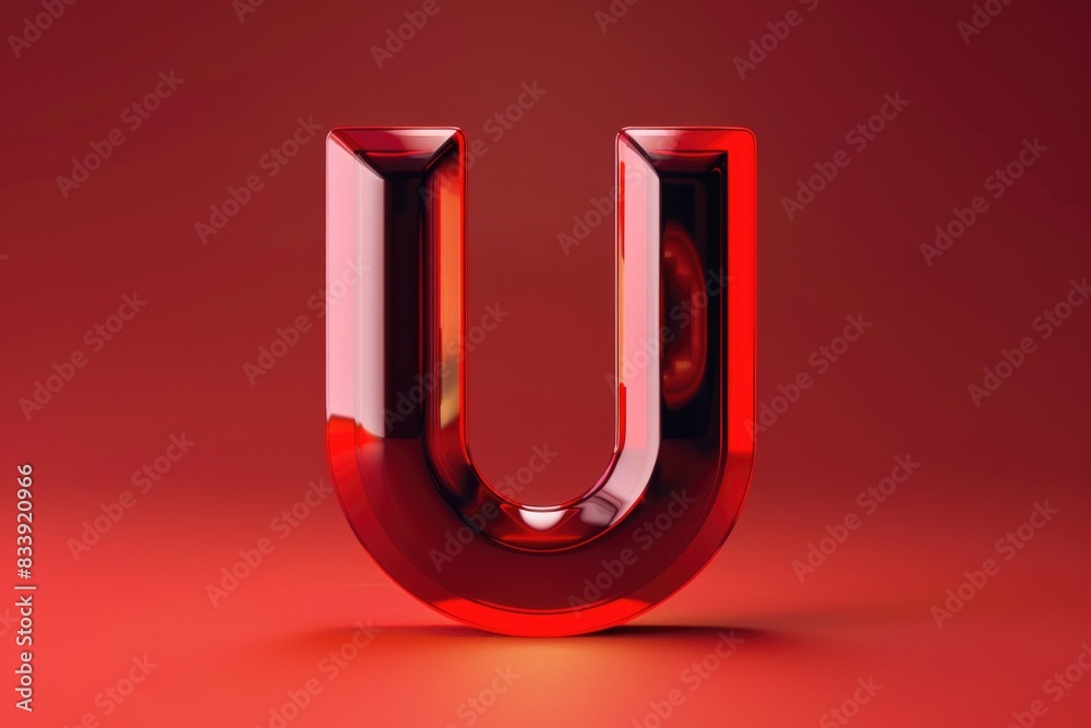 A bright red glass letter U on a red background A bright red glass letter U on a red background