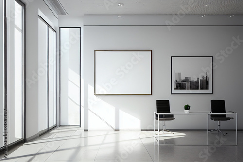 View of a white hall, a corridor with a large empty banner on the wall and a place for your text. Large panoramic windows. Part of an office or residential apartment.