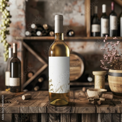 wine bottle mockup on wooden table with bottles and wooden shelves 