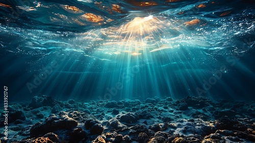 An ethereal underwater scene, sun's rays filtering through, twinkling effects on the surface, deep blue sea, serene and mesmerizing, soft glow, vibrant colors, high contrast.
