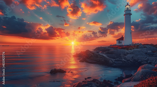 Fototapeta Naklejka Na Ścianę i Meble -  Most gorgeous lighthouse and sunset ever. Generative AI.