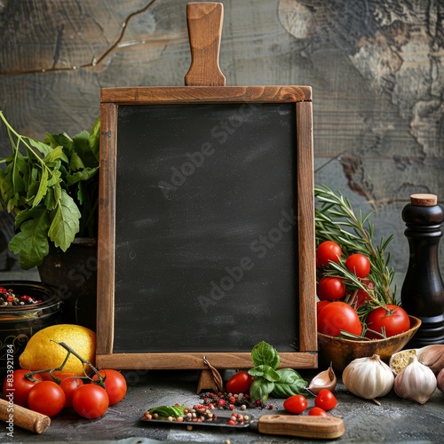 a chalkboard with a blank space and a variety of vegetables
 photo