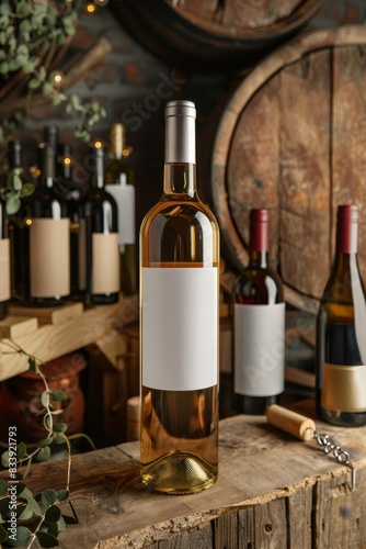 wine bottles and barrels on a wooden table
 photo