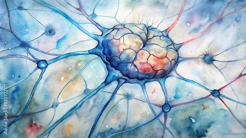 Closeup watercolor painting of neural network in the brain , neurons, nervous system, cells, biology, science, abstract, brain cells, synapses, communication, medical, microscopic, anatomy photo