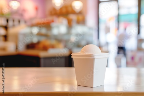 Takeout cup on cafe table with bokeh lights