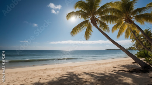 Tropical Beach with Swaying Palm Trees and Calm Ocean Waves Under a Bright Sunny Sky © KraPhoto