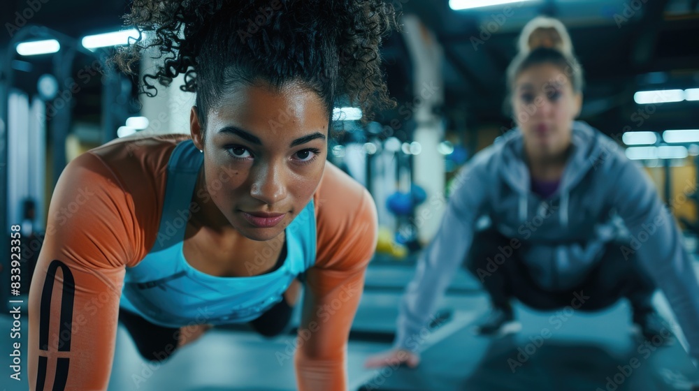 Two women working out together in a gym, great for fitness and teamwork concepts Two women working out together in a gym, great for fitness and teamwork concepts