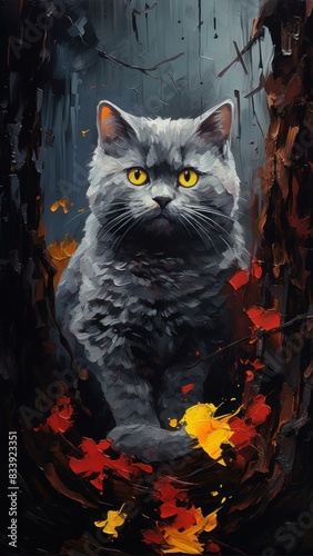 Whimsical Dark Forest Scene with British Shorthair Cat Generative AI © Peter