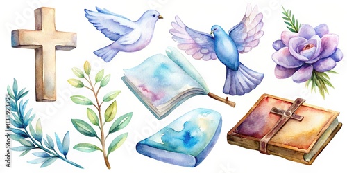 Watercolor clipart collection featuring Christian symbols such as crosses, bibles, and doves, Christian, collection, sublimation, clipart, watercolor, symbols, crosses, bibles, doves photo