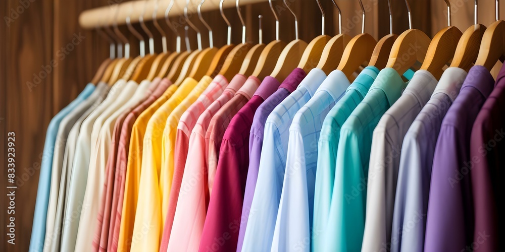 Vibrant Shirts on Wooden Hangers: A Stylish Closet Display. Concept Closet Organization, Clothing Display, Stylish Wardrobe, Home Decor, Fashion Inspiration