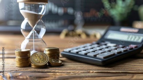 Financial business plan. Time investment concept with currency coin in glass jar, Calculator and hourglass on table. Compound interest rate calculation