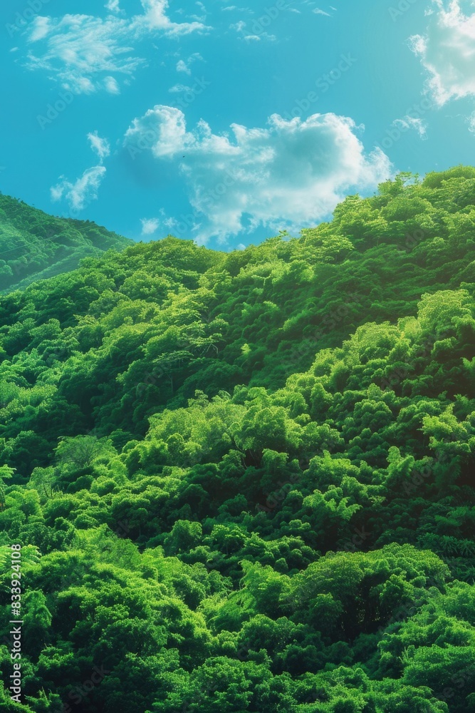 A lush and verdant mountain with abundant tree growth, offering a serene and peaceful atmosphere A lush and verdant mountain with abundant tree growth, offering a serene and peaceful atmosphere