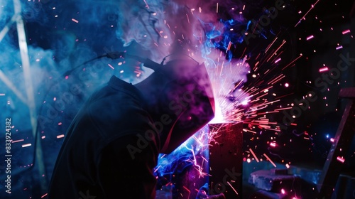 Man welding works with blue and red sparks © pector