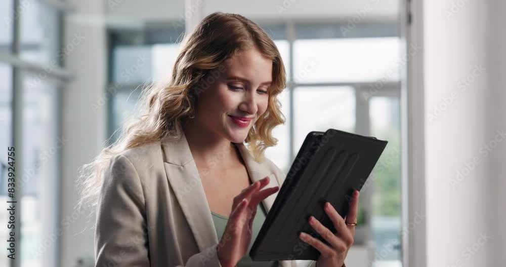 Tablet, smile and business woman in office for project review, networking or feedback. Professional, online and employee at advertising agency for internet browsing, planning or schedule update Tablet, smile and business woman in office for project review, networking or feedback. Professional, online and employee at advertising agency for internet browsing, planning or schedule update