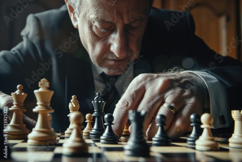 A man in a suit playing a game of chess