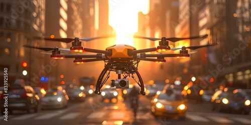 Drone delivers package efficiently over congested city street bypassing traffic jam. Concept Drone Delivery, Urban Logistics, Traffic Bypass, Efficient Transport, City Infrastructure photo