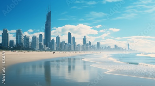 A coastal city skyline with tall buildings overlooking a sandy beach and calm ocean waves on a sunny day.