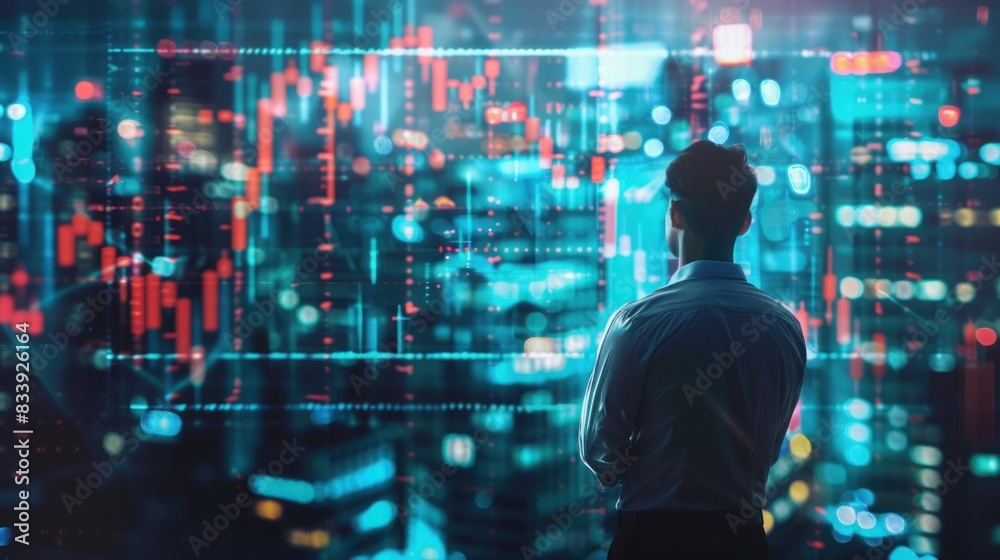 financial graph with uptrend line and bar chart of stock market with building city night time. organization startup concept, business man standing formal shirt