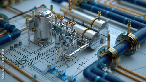A detailed illustration of pipes and valves on a blueprint