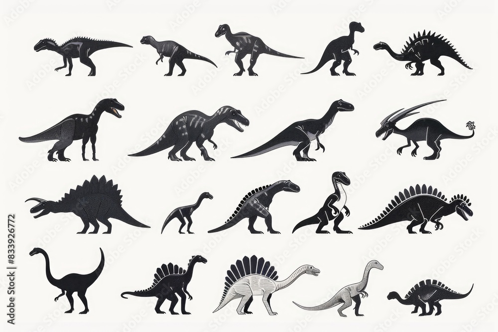 A collection of different dinosaur species on a plain white background, ideal for illustrations and educational materials A collection of different dinosaur species on a plain white background, ideal for illustrations and educational materials