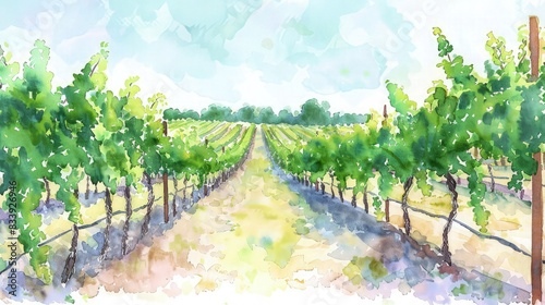 A watercolor depiction of a vineyard, with varying shades of green representing the rows of grapevines stretching into the distance.