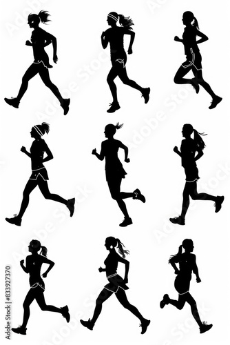 A silhouette of a woman running in motion  captured from the side