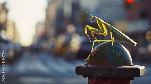 mantis on meal perfectly still on blurred background photo