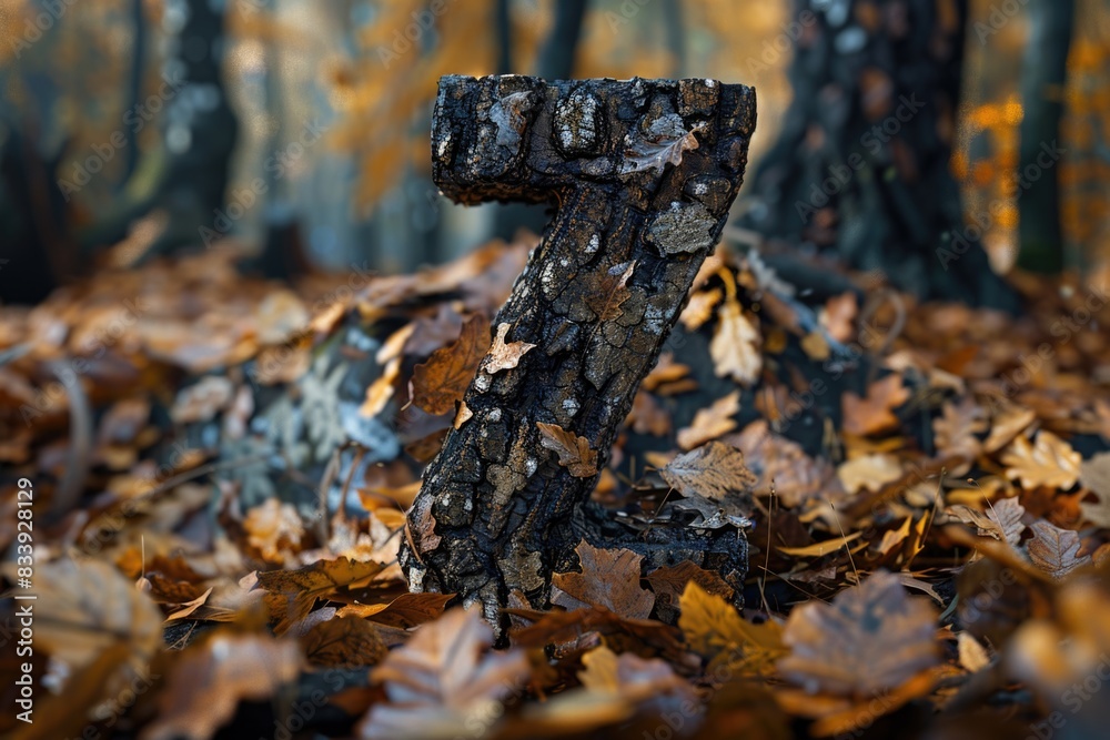 Fototapeta premium A close-up of a tree trunk with the number 7 carved into it, found in a forest or woods