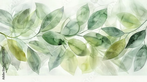 Watercolor border of soft green leaves creates a fresh and delicate natural background for seasonal greeting cards or cosmetic advertising.