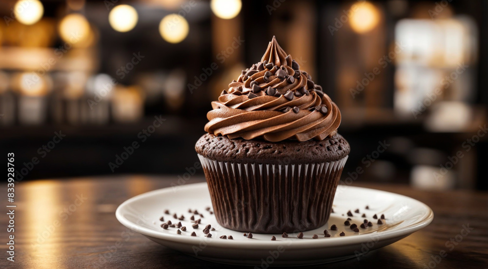 Close-up view of chocolate icing cupcake with chocolate piece sprinkles and dark cake in a white plate - Generative AI