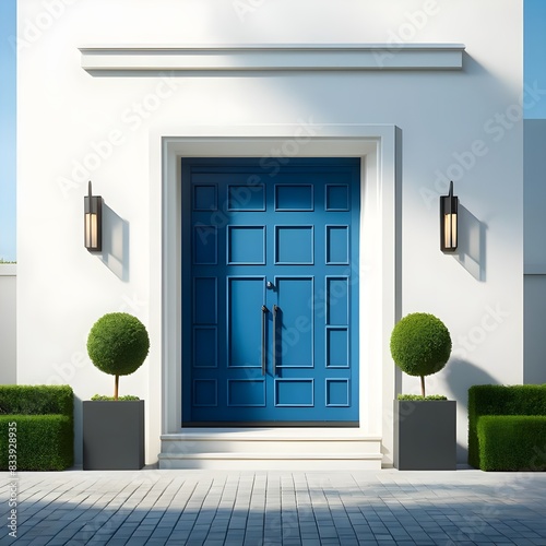  a vibrant blue door set within a clean, white architectural facade, flanked by symmetrical topiary and stylish sconces, creating a welcoming and elegant entryway
