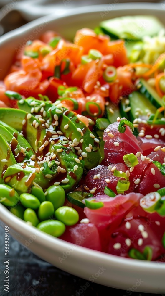 Healthy Poke Bowl with Tuna and Fresh Veggies and Vegetables in a Blurred Background Healthy Poke Bowl with Tuna and Fresh Veggies and Vegetables in a Blurred Background