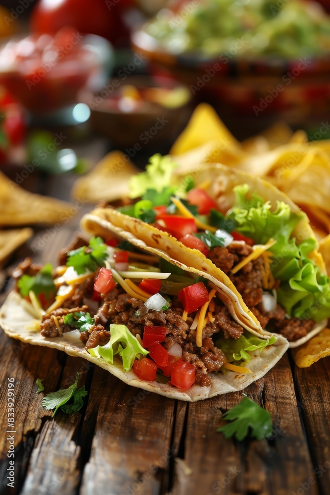 Tasty Taco and Chips with blurred Bar Background Tasty Taco and Chips with blurred Bar Background