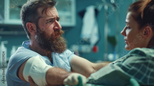 A person with a beard and a bandage on their arm, possibly injured or recovering from an injury photo