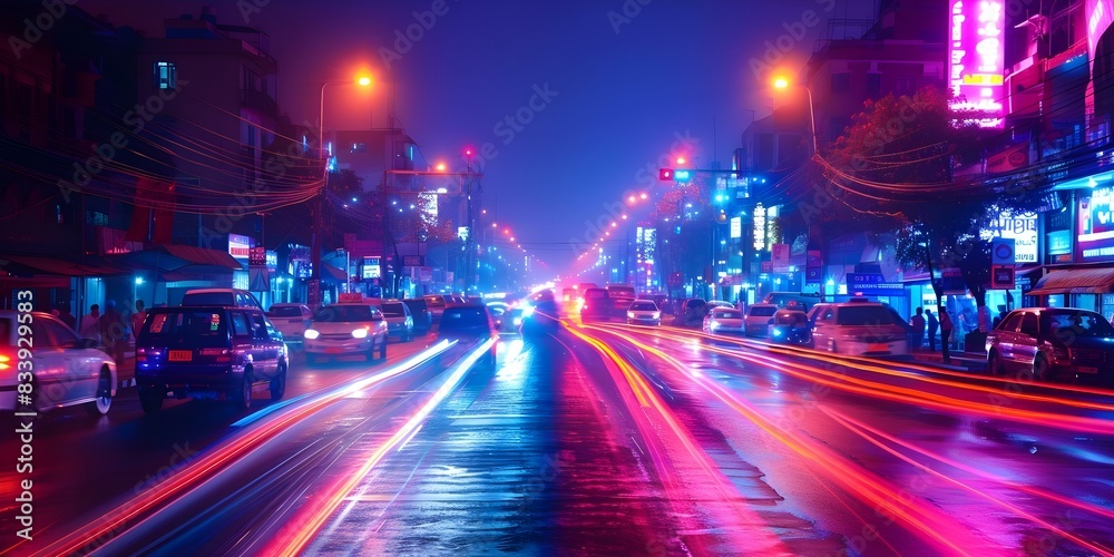 Vibrant cityscape at night with streaking lights and bustling traffic. Concept Night Photography, City lights, Long Exposure Shots, Urban Landscape, Busy Streets