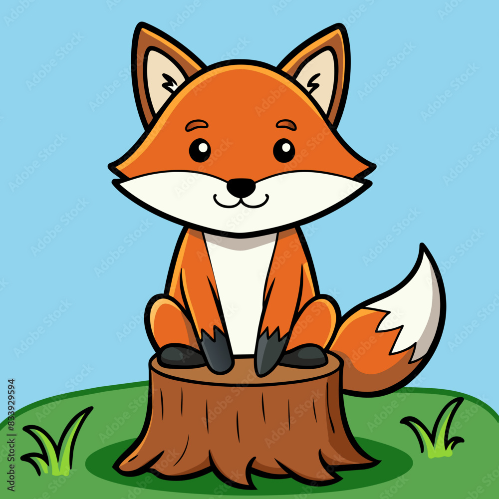 Obraz premium Fox sitting on tree stump vector illustration 