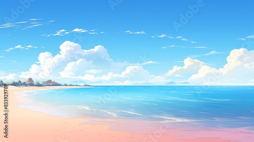 Serene beach with clear blue waters and a scenic horizon under a sunny sky