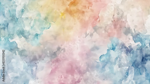 An abstract watercolor on paper, featuring soft, diffused patches of pastel colors that create a dreamy and soothing atmosphere. photo