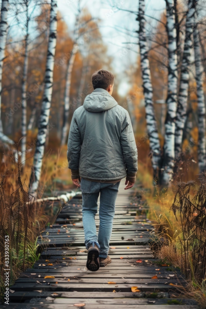 A person strolling along a rustic forest trail, surrounded by trees and foliage A person strolling along a rustic forest trail, surrounded by trees and foliage