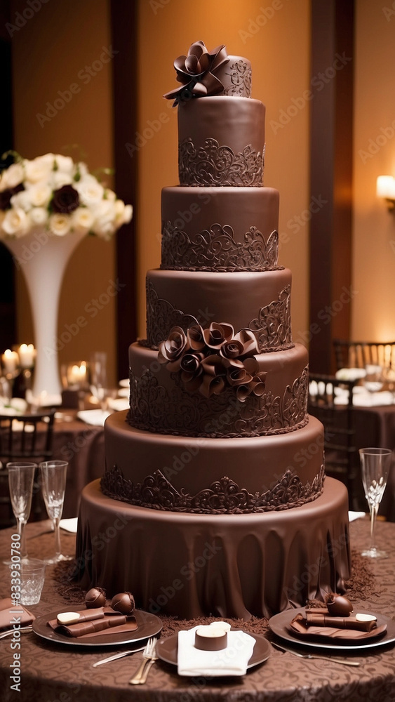 Elegant Chocolate-Themed Wedding: Bride and Groom Cutting Intricately Designed Cake, Surrounded by Floral Arrangements and Chocolate Favors, Generative AI
