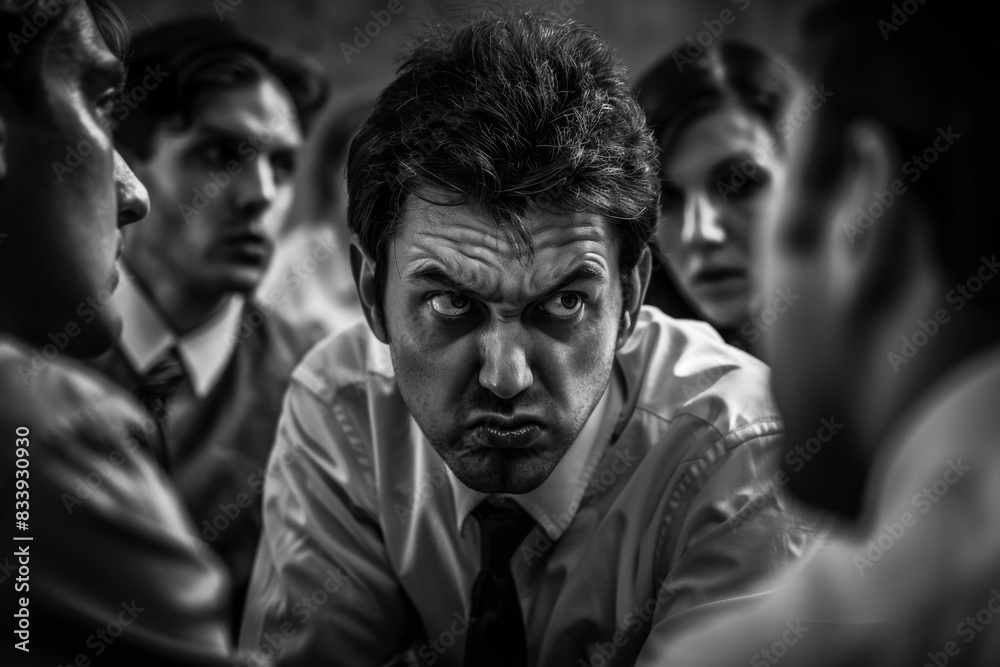 Obraz premium Several men are gathered around a man with a serious look, bullying concept 