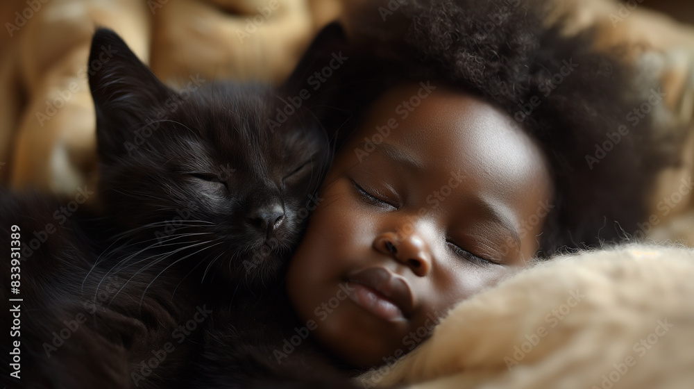Adorable Image of Black Cat Embracing Cute Sleeping Afro-American Baby, Heartwarming Moment, Unconditional Love, Comforting Presence Adorable Image of Black Cat Embracing Cute Sleeping Afro-American Baby, Heartwarming Moment, Unconditional Love, Comforting Presence