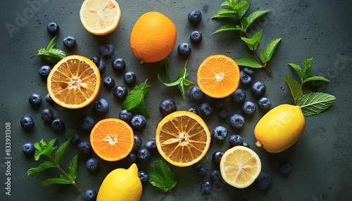 summer background featuring lemons oranges blueberries and mint leaves ingredients for a summer lemonade summer theme flat lay top view copy space generative ai