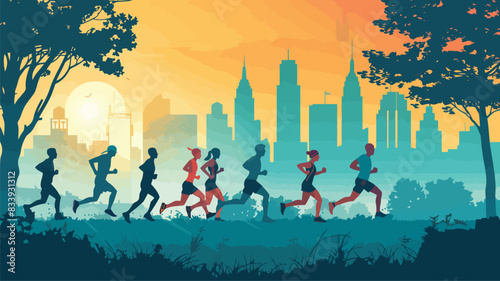 A dynamic vector design for Global Running Day, showcasing a group of runners in motion, set against a backdrop of a cityscape and nature trails