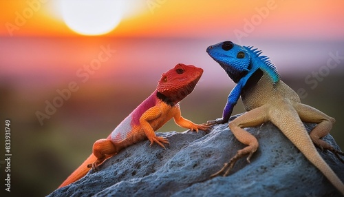 two multicolored agama lizard on a rock photo