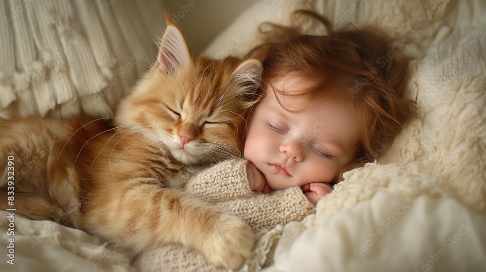 Red Cat Embracing Red-Hair Baby, Both Sleeping Peacefully, Heartwarming Moment, Cozy Nap, Furry Companion, Infant and Pet Bonding Red Cat Embracing Red-Hair Baby, Both Sleeping Peacefully, Heartwarming Moment, Cozy Nap, Furry Companion, Infant and Pet Bonding