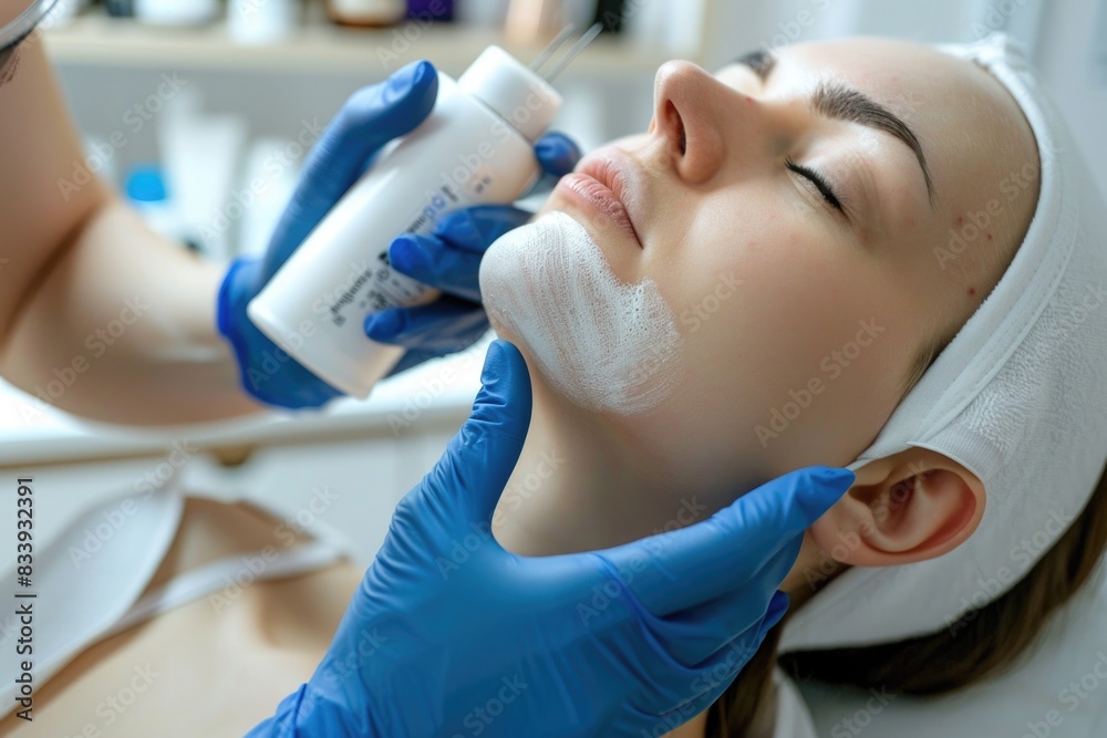 A woman receives a facial treatment at a beauty salon, relaxing and rejuvenating her skin A woman receives a facial treatment at a beauty salon, relaxing and rejuvenating her skin