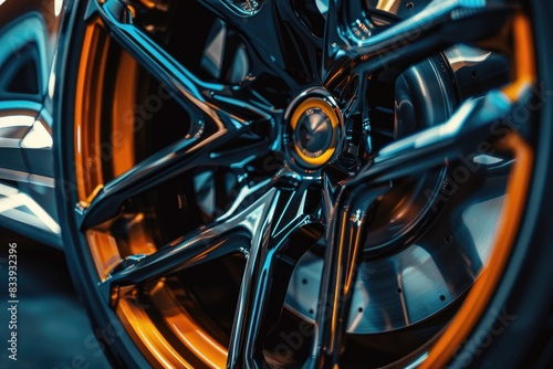 A detailed view of a car's wheel, including the tire and hubcap photo