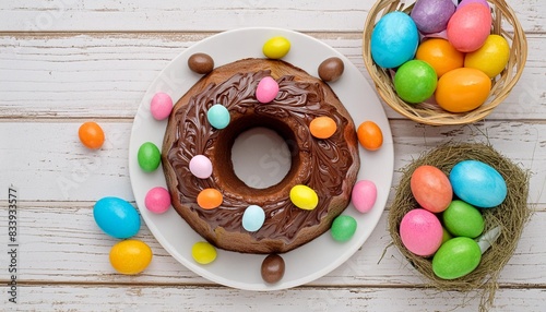 easter bundt cake with chocolate nest of colorful candy eggs above view on a white wood background