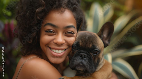 Joyful Afro American Woman Embracing Adorable French Bulldog Outdoors, Happiness, Pet Love, Bonding Moment, Joyful Connection, Animal Companionship photo
